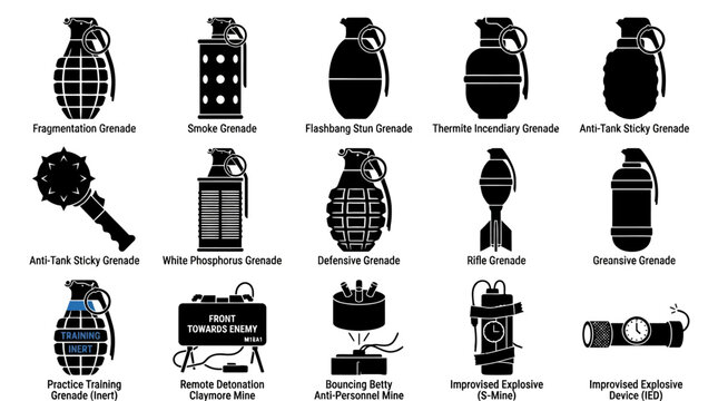 Set of Various Hand Grenades and Explosive Military Devices Silhouettes.