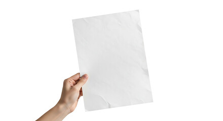 Obraz premium A human hand holding a blank white sheet of paper with subtle creases, presented as an isolated cutout on a transparent background, ready for custom content or design