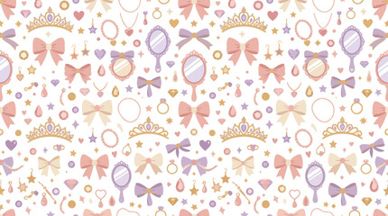 Naklejka premium Pastel Princess Accessories Flat Vector Seamless Pattern: Tiaras, Bows, Mirrors, and Jewelry for Girls