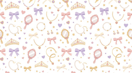 Naklejka premium Adorable Princess Pattern: Tiara, Mirror, Necklace, Bows - Cute Vector Art