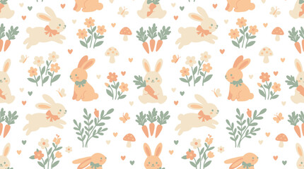 Obraz premium Adorable Spring Bunnies and Flowers Flat Illustration Seamless Pattern - Perfect for Kids and Easter