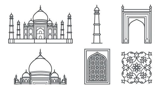 Detailed line art outline icon set of taj mahal vector historical indian architecture featuring main building minaret arches dome and traditional floral pattern element.