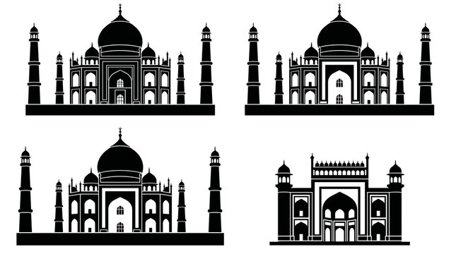 Silhouette icon set of taj mahal vector famous historical monument architecture in india featuring main building dome minarets and gate for travel tourism design element.