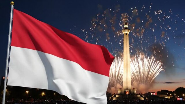 Indonesian flag waving with fireworks over Jakarta National Monument