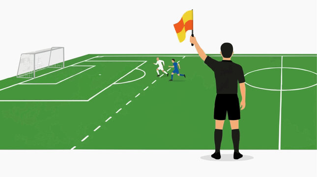 Football Referee Assistant Signaling with Yellow Flag During Offside Line Check on Soccer Pitch for Match Officiating Analytics