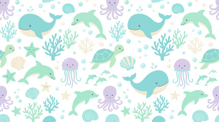Fototapeta premium Cute Underwater Seamless Pattern with Whales, Dolphins, Turtles, Jellyfish, and Corals