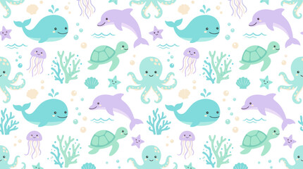 Fototapeta premium Cute Ocean Animal Seamless Pattern: Whales, Dolphins, Turtles, Octopuses, Jellyfish - Flat Illustration
