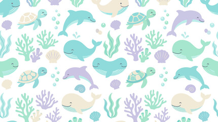 Fototapeta premium Cute Cartoon Ocean Animals and Coral Seamless Pattern, Flat Style