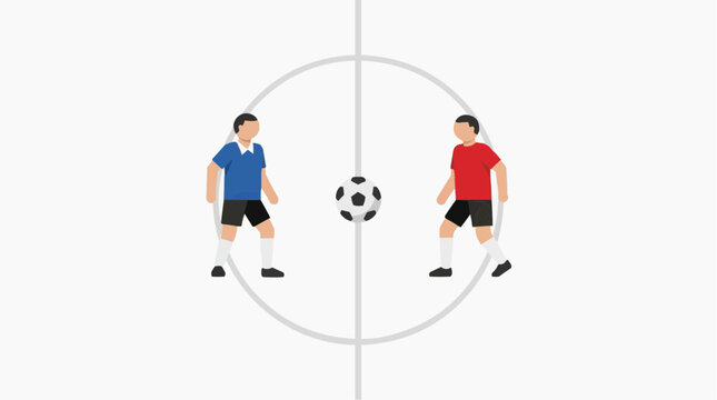 Soccer Ball and Two Players Kicking Off in Midfield with Teamwork Concept for Sports Training, Game Strategy, and Youth Academy Marketing