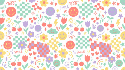 Obraz premium Cheerful Doodle Pattern for Kids Lifestyle with Smileys, Flowers Y2K Checkers, Flat Style