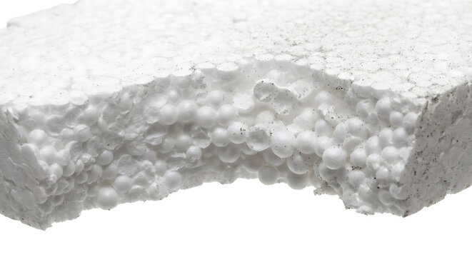Broken white polystyrene foam block macro texture isolated on white