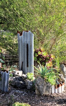 Succulent garden feature with found materials, South Australia