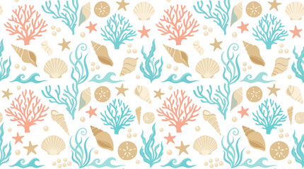 Fototapeta premium Seamless Pattern: Coral, Shells, Seaweed, Stars, Waves - Nautical Vector Art