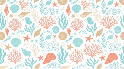 Obraz premium Seamless Underwater Ocean Pattern: Coral, Shells, Waves, Starfish - Flat Art