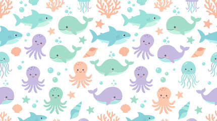 Naklejka premium Cute Underwater Scene: Whales, Sharks, Octopuses, Jellyfish, Coral - Flat Vector Art