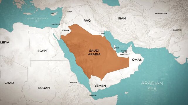 Digital map animation showing Saudi Arabia highlighted among surrounding Middle Eastern countries and seas footage.