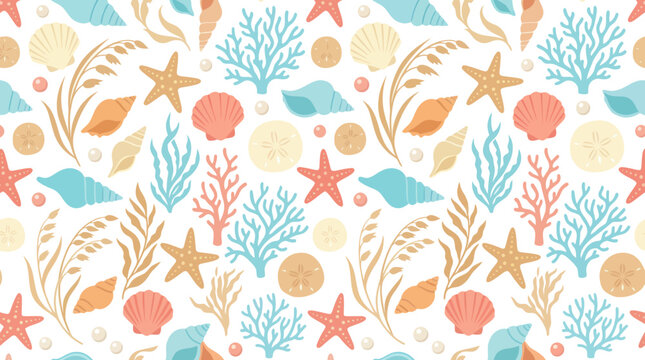 Nature Marine Life Flat Design Seamless Pattern Vector Illustration with Ocean Starfish, Coral, and Shells