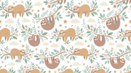 Fototapeta premium Cute Cartoon Sloth Seamless Pattern. Hand-drawn Animal Illustration for Kids Nursery, Textile, and Baby Decor.