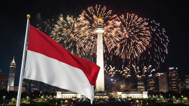Indonesian Flag Waving with Fireworks over Jakarta National Monument
