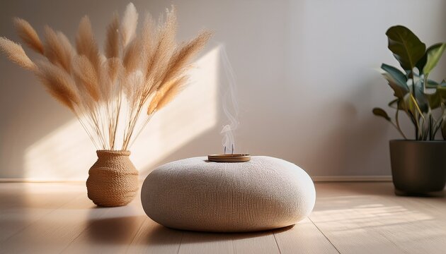 minimalist round beige pouf with incense holder in light modern room