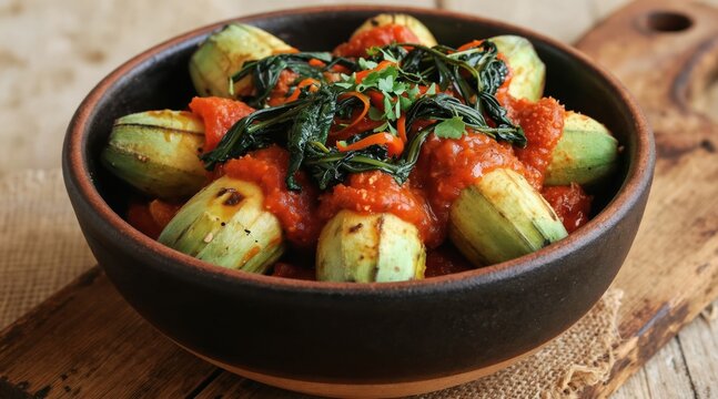 Ugandan matoke dish with greens and tomato sauce in rustic bowl. Cooked plantains served with stewed spinach and a rich red sauce. Delicious home cooking from Africa.