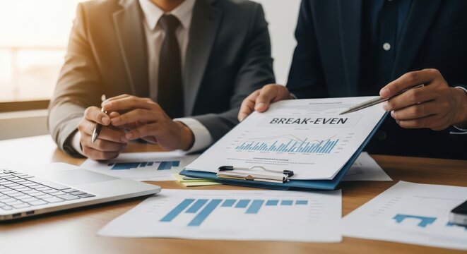 Business professionals analyzing break-even point on financial documents during a meeting