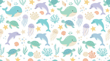Fototapeta premium Cute Cartoon Ocean Life Seamless Pattern with Whales, Dolphins, Turtles, Jellyfish, and Marine Animals