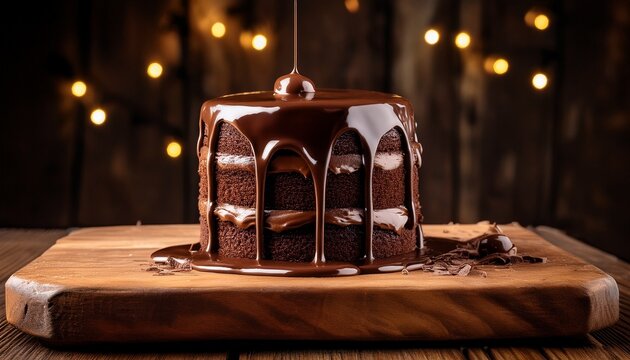 decadent chocolate layer cake with dripping ganache on rustic wooden board