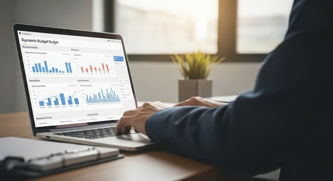 Corporate finance manager reviewing data analytics and financial reports on a laptop in an office setting