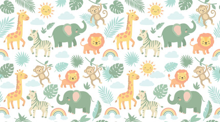 Fototapeta premium Children's Cute Safari Animals Seamless Pattern. Flat Vector Illustration for Baby Nursery Fabric Design