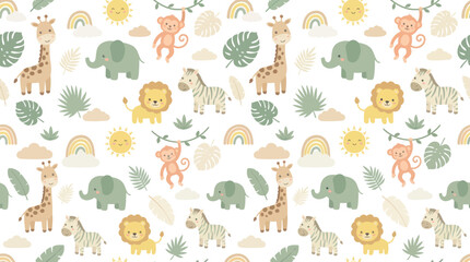Fototapeta premium Cute Cartoon Safari Animals Seamless Pattern for Children's Nursery. Baby Giraffe, Elephant, Lion, Monkey, Zebra, Rainbow Illustration