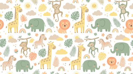 Fototapeta premium Cute Flat Cartoon Vector Seamless Pattern of Safari Animals and Jungle Leaves for Children's Nursery Design