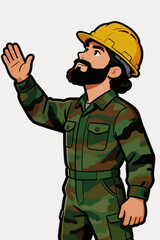 Obraz premium Cartoon Male Construction Worker in Camouflage Uniform Waving Hand