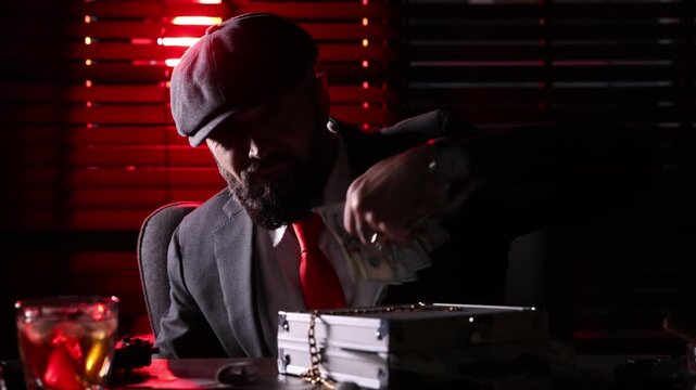 Mafia. Man with cigar throwing dollar banknotes and pointing gun at table in dark room