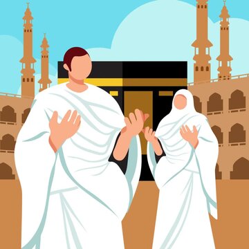 illustration of a couple in hajj mosque showing love happiness bride and groom wedding family smiling silhouette vector style