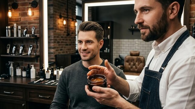 Professional male barber showing hair pomade wax jar to smiling client at vintage barbershop