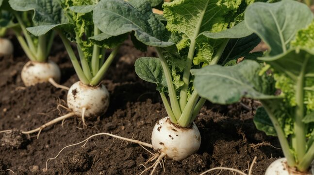 Young sugar beets grow in dark soil row. White root vegetables with green leafy tops on farm. Cultivated plants in agricultural field ready for harvest. Healthy organic food growing.