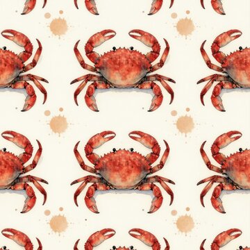 Crab pattern illustration with watercolor style splash marks. Red crabs repeated on light background create a marine theme. Ideal for coastal decor fabrics or summer invitations.