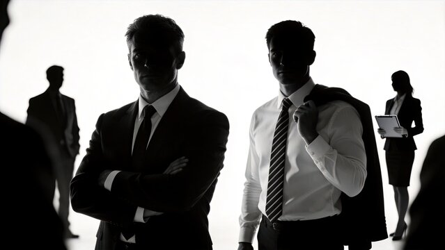 Silhouettes of confident business team standing together in office, professional corporate group meeting, diverse executives and managers in suits, leadership concept, teamwork
