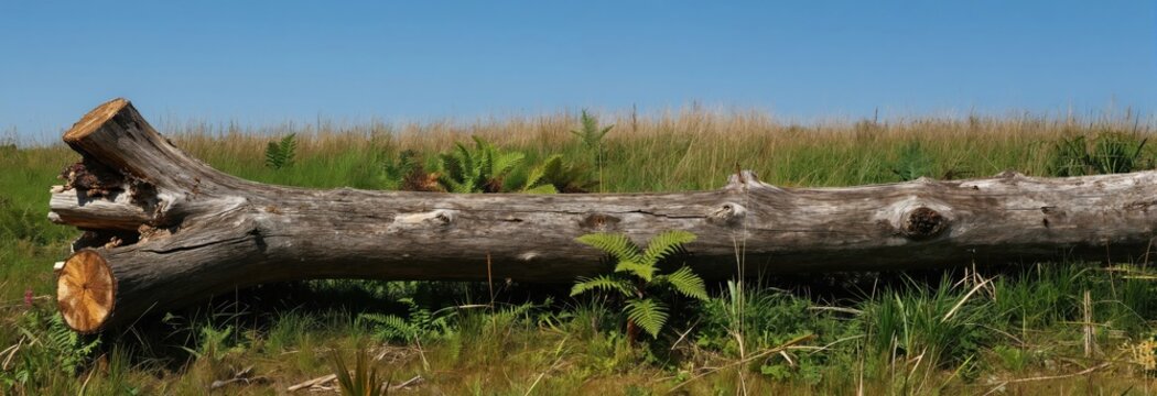 Large fallen tree lies across green meadow under clear blue sky. Ferns sprout near weathered wood, suggesting nature regrowth after storm damage.