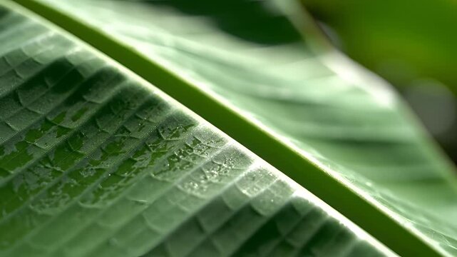 Closeup of a large green banana leaf with visible veins and texture.