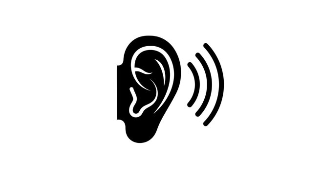 Ear icon with sound waves represents the concept of listening or auditory perception in a minimalist graphic design style.