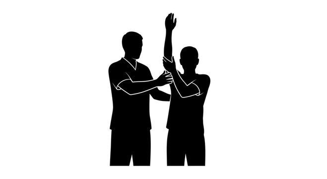 Physiotherapist assists a patient with a shoulder mobility exercise to improve range of motion in a clinical setting.