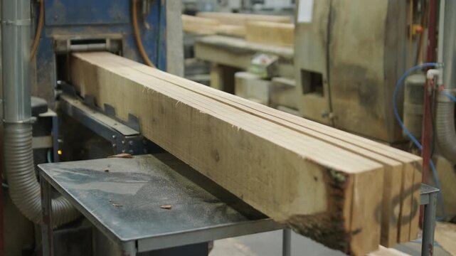 A heavy-duty sawmill machine trimming a large log to create a rectangular beam, controlled by a professional operator