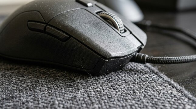 Close up of computer mouse on fabric desk mat with computer peripheral technology hardware