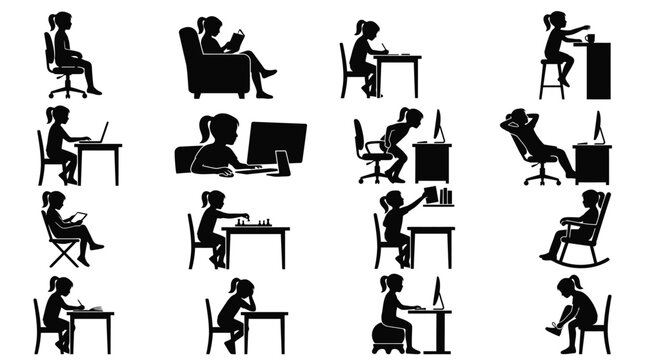 Diverse silhouette vector illustrations of girls engaged in various activities like reading, typing, and playing chess
