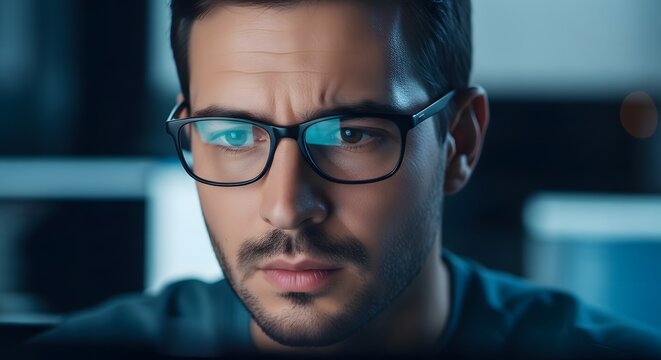 Focused Young Man Wearing Eyeglasses Concentrating and Working in Front of Screen Close Up