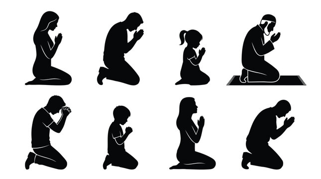 Black vector illustration set featuring diverse silhouettes of people kneeling and praying in quiet devotion