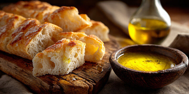 Ciabatta Bread with Olive Oil Dipping Bowl on Wooden Board