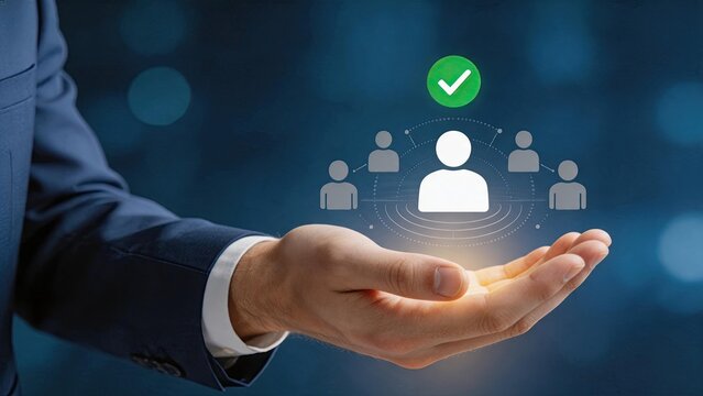 Hand holding network of people with verified status icon, community connection, social networking, user validation, trust building, digital identity management, human resources